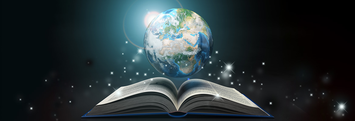 Illustration of illuminated globe hover over top of open book.