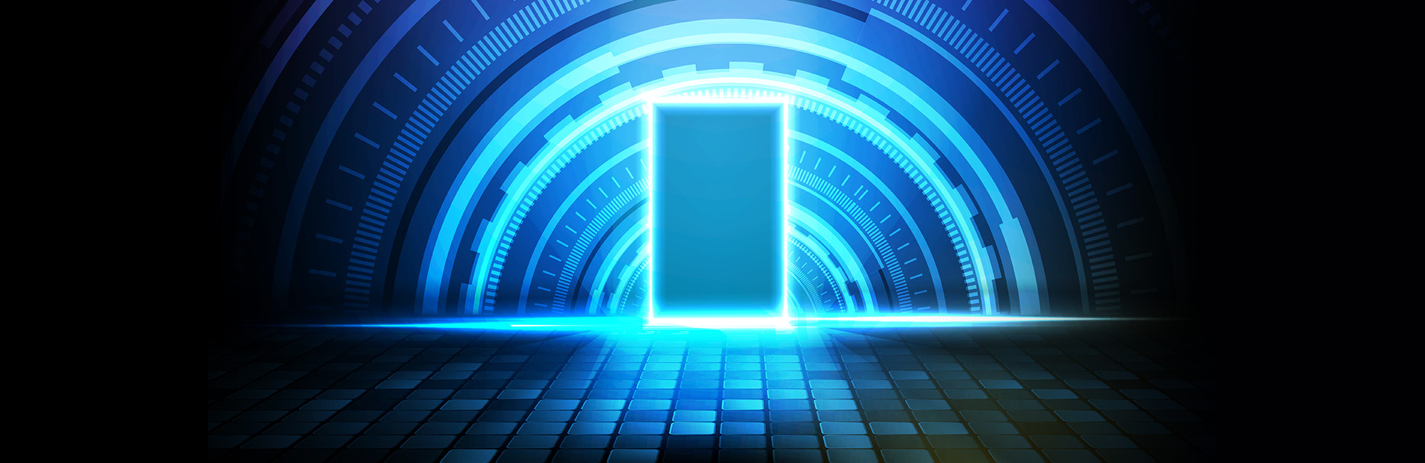 Abstract futuristic background of glowing sqaure neon door and round futuristic technology user interface screen heads-up display