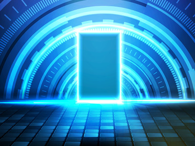Abstract futuristic background of glowing sqaure neon door and round futuristic technology user interface screen heads-up display