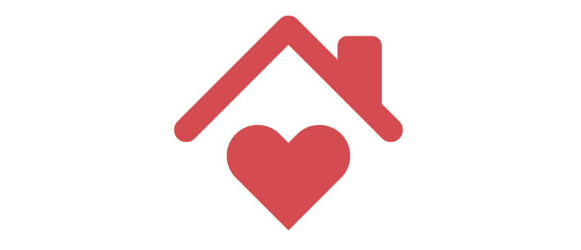 Simple icon of a house with a heart inside it. 