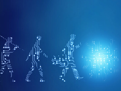 Future evolution of man, technology transformation. Darwinian progression of man from early development to inclusion of future technology