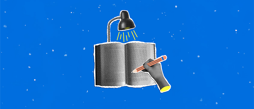 Illustration of a hand writing in an open book against a blue background.