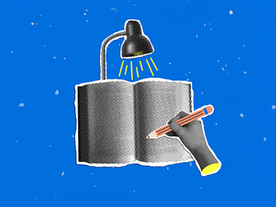 Illustration of a hand writing in an open book against a blue background. 