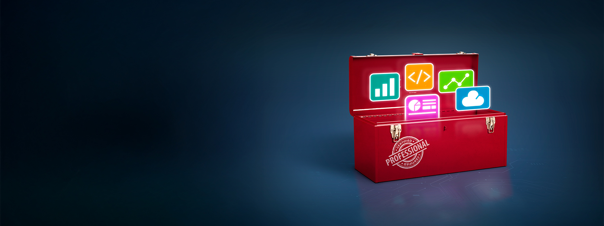 A red metal toolbox stamped "Certified Professional" open to reveal glowing digital icons representing data and analytics tools.