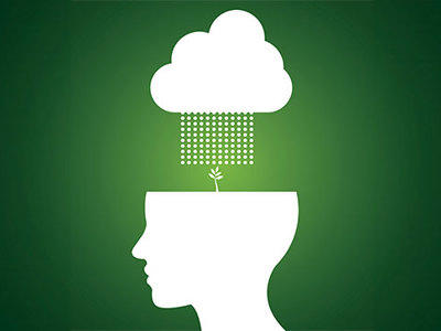 An sihlouette head with a cloud raining down on a small plant sprouting inside.