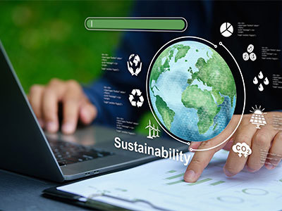 Closeup of hands working at laptop with a conceptual globe illustration and sustainability concepts around it.