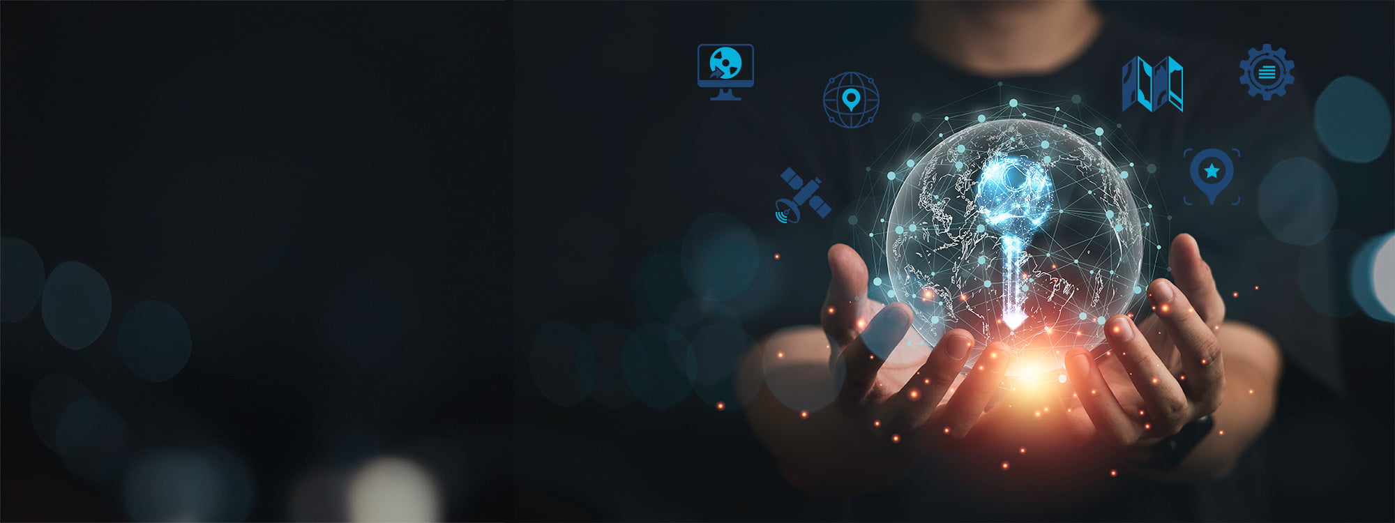 Stylized graphic of a man holding a crystal global with a key lite up in the interior. Earth's continents are outlined with spatial data points marked out. GIS icons float around the graphic.