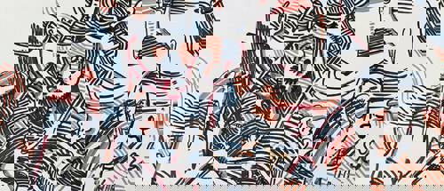 A vibrant, cubist-inspired artwork is displayed. The image is divided into a grid, with each section featuring a stylized, abstract face or figure. Bold, dark outlines define features like large eyes, exaggerated noses, and prominent lips. A rich color palette includes shades of green, red, yellow, blue, and pink, often used in unexpected ways—like green skin or blue hair—and contrasted with patterned backgrounds. Overall impression is one of expressive freedom and unconventional artistic interpretation