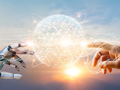 Hands of robot and human touching big data of Global network connection