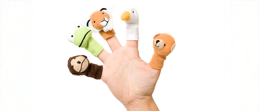 A hand with 5 finger puppets