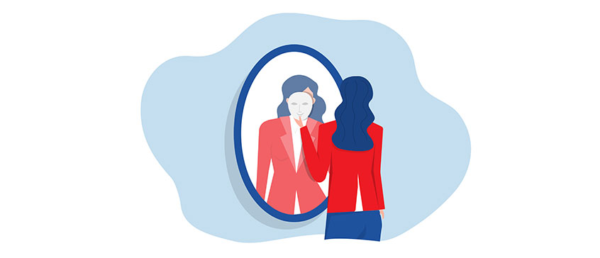 Illustration of a businesswoman looking in the mirror and taking a mask a mask off.