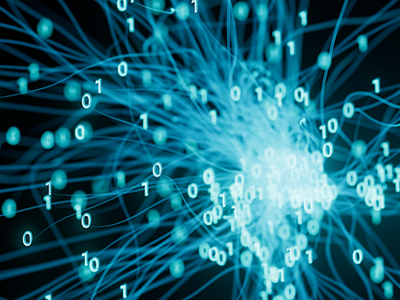 Blue glowing streams of data and binary digits (0s and 1s) radiate and converge on a bright central cluster against a black background, illustrating interconnected information flows and the ethical considerations of data security