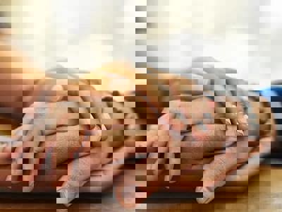 a close up photo of two people holding hands on a table