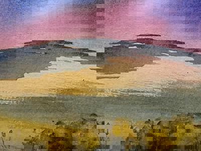 A watercolour painting a green multihued hill with a purple twilight sky. There are green shaded bushes in the foreground.