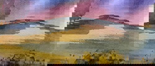 A landscape watercolour image showing a meandering river flowing through a sandy delta with coastlines, mountains and clouds in the background.