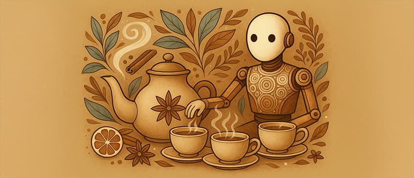 A warm, sepia-toned illustration featuring a friendly robot with a round head and decorative circular patterns on its body, positioned next to an ornate teapot with a star anise design. The scene includes three steaming teacups, citrus slices, star anise spices, and cinnamon sticks, all surrounded by decorative autumn leaves and botanical elements in shades of brown, orange, and muted green against a tan background.