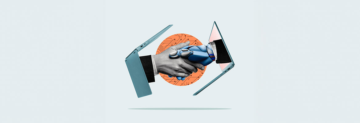 A human hand and a robotic hand reach out from laptop screens to shake hands, symbolizing the collaboration between humans and artificial intelligence.