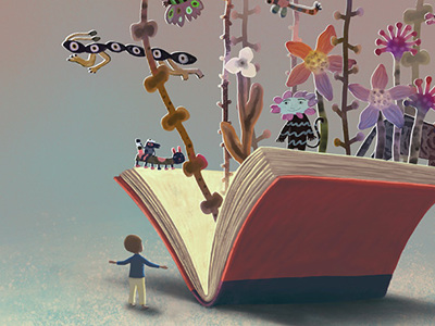 Whimsical illustration of a small child standing before a large open book with colorful paper cutout figures and flowers emerging from its pages, representing imagination, storytelling and the magical worlds found in literature