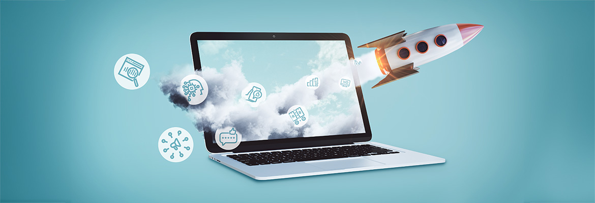  A laptop emits a cloud of digital marketing icons like data analysis and targeting, from which a rocket launches, symbolizing business growth and innovation in the digital sphere.