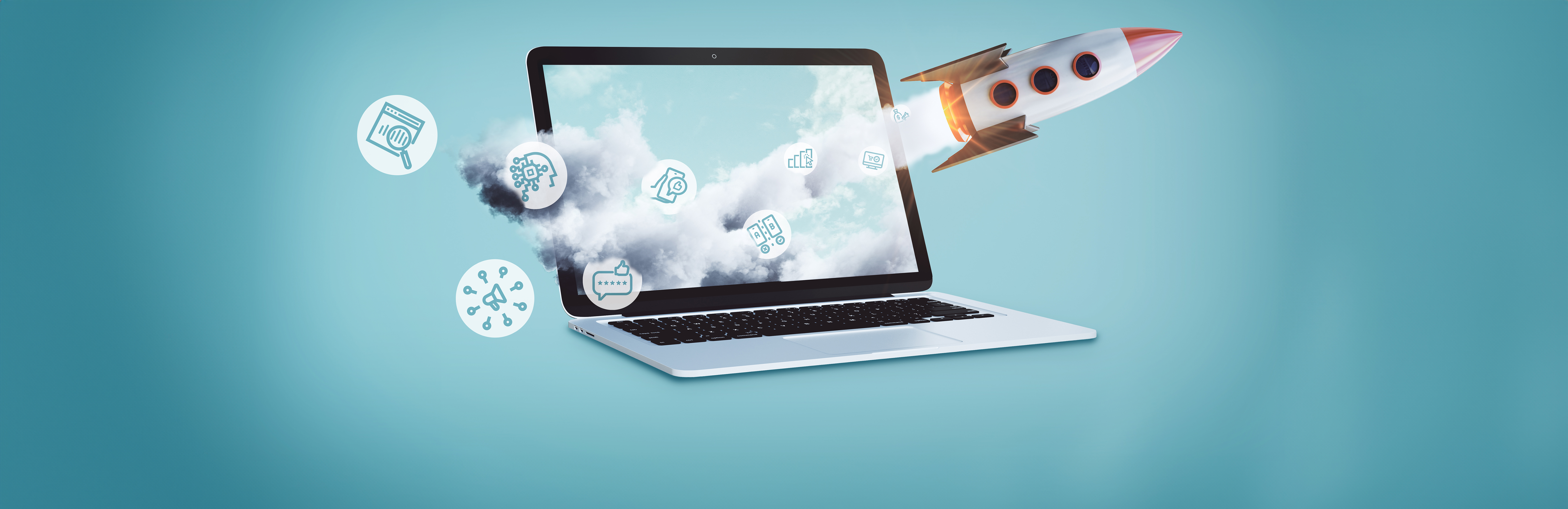  A laptop emits a cloud of digital marketing icons like data analysis and targeting, from which a rocket launches, symbolizing business growth and innovation in the digital sphere.