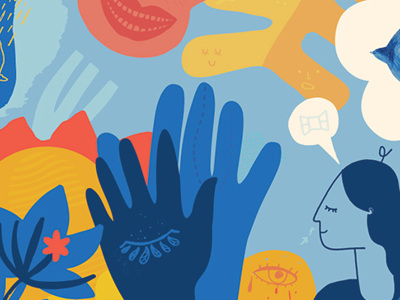 Abstract illustration collage of hands, nature, a person reflecting.