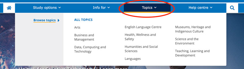 Screenshot of Topics menu