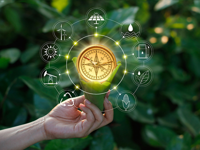 Illustration of a compas pointing to various sustainability issues.