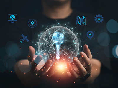 Stylized graphic of a man holding a crystal global with a key lite up in the interior. Earth's continents are outlined with spatial data points marked out. GIS icons float around the graphic.
