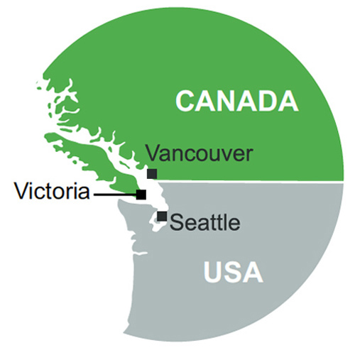 map of Victoria, BC in relation to Vancouver and Seattle
