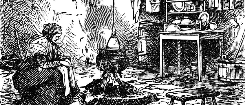 Historic illustration of a traditional Scottish kitchen with a hearth, hanging pot over an open fire, and shelves of cookware, representing foodways in the Highlands and Islands.