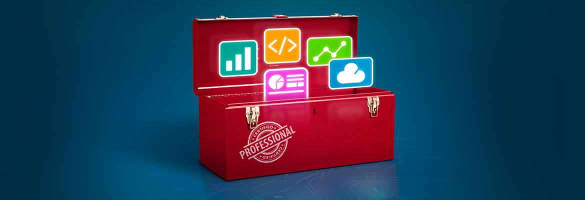 A red professional toolbox with brass latches sits open against a dark blue gradient background, displaying colorful digital icons floating above it including a teal bar chart, orange coding brackets, green upward trending graph, pink document with checklist, and blue cloud storage symbol, representing data analytics tools and skills.