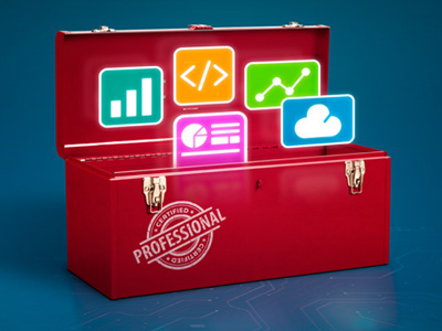 A red professional toolbox with brass latches sits open against a dark blue gradient background, displaying colorful digital icons floating above it including a teal bar chart, orange coding brackets, green upward trending graph, pink document with checklist, and blue cloud storage symbol, representing data analytics tools and skills.