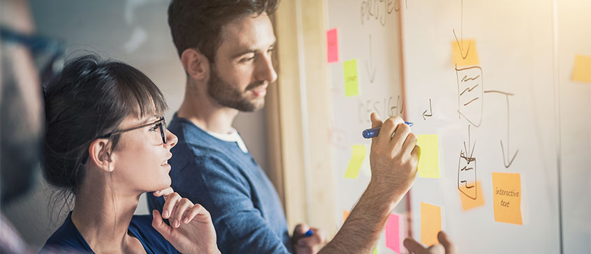 Two people writing out marketing communication plan on whiteboard. 