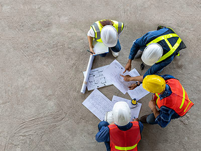 Birds eye view of four construction working looking at plans