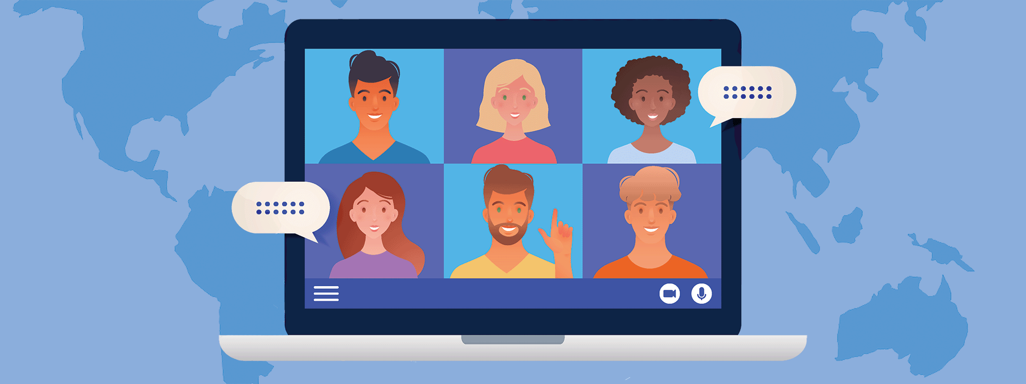 Illustration of a laptop displaying a video conference with six diverse students in a grid layout against a world map background. Two speech bubbles with dots indicate active conversation. The imagery represents online English language learning connecting students globally through virtual classrooms.