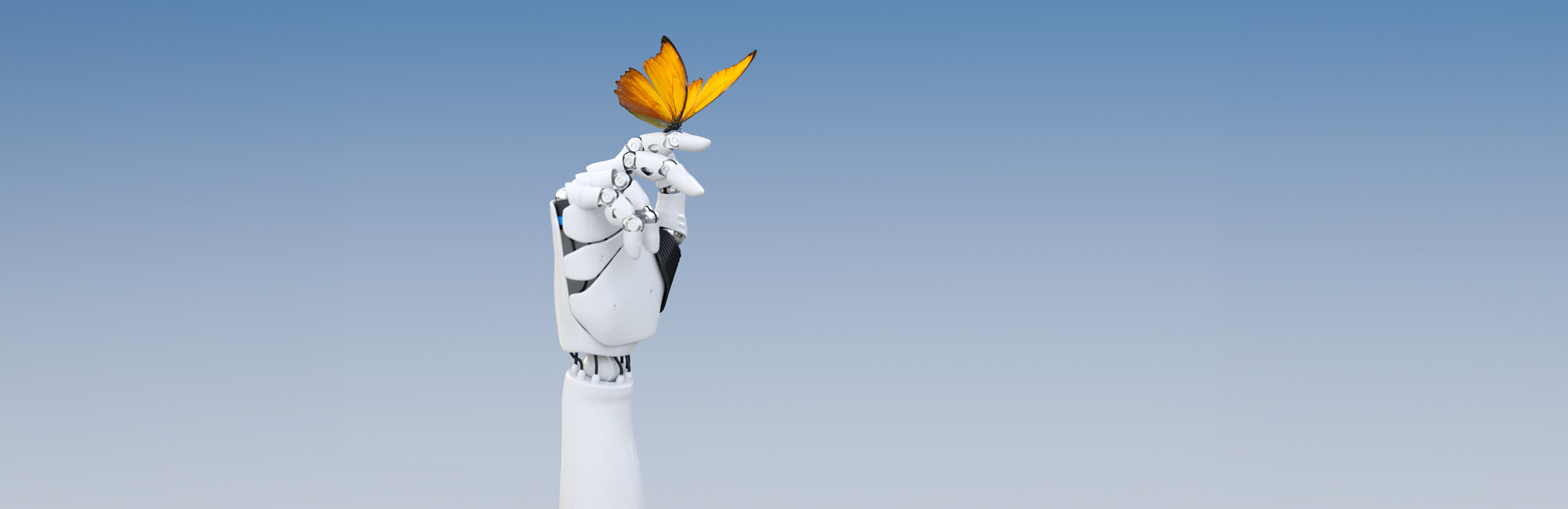 White robotic hand gently holding an orange butterfly against a blue sky, symbolizing the balance between technology and human soft skills