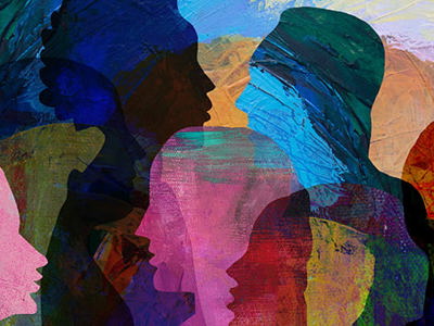 Colourful overlapping silhouettes of faces in profile, symbolizing dialogue, trust, and collaboration.
