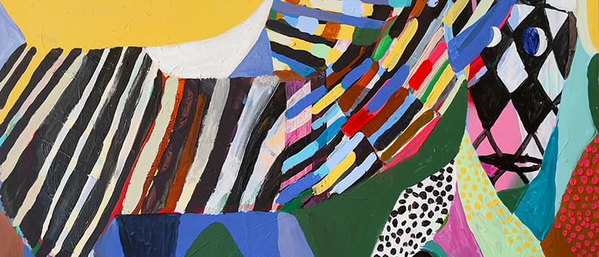 Vibrant abstract collage with bold geometric patterns, stripes, dots, and overlapping shapes in bright colours including yellow, blue, red, and green, representing diverse modern and contemporary art styles