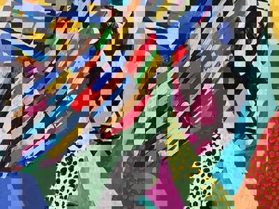 Vibrant abstract collage with bold geometric patterns, stripes, dots, and overlapping shapes in bright colours including yellow, blue, red, and green, representing diverse modern and contemporary art styles