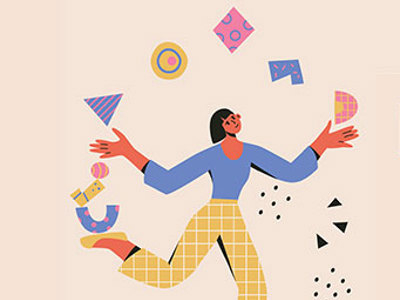 Illustration of woman juggling geometric shapes.