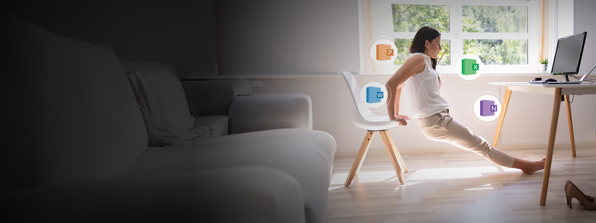 A person with dark hair, wearing a white sleeveless top and light-colored pants, is doing tricep dips using a white chair in what appears to be a home office. Their body is angled away from a desk with a computer monitor and laptop. Four circular icons with the Microsoft Office logos for PowerPoint, Excel, Word, and OneNote float around them. The room is brightly lit with natural light coming from a large window.