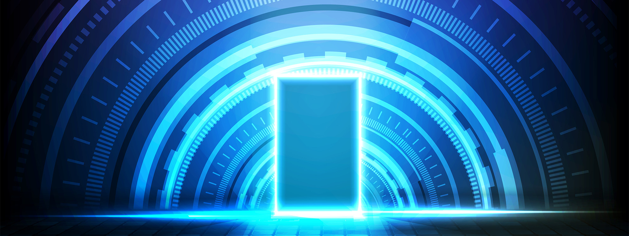 Abstract futuristic background of glowing sqaure neon door and round futuristic technology user interface screen heads-up display.