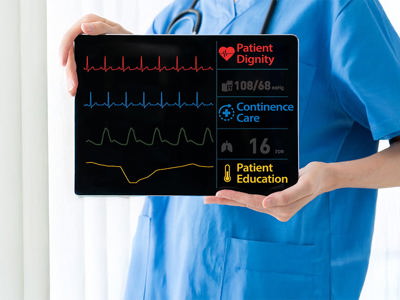 A healthcare professional in scrubs with arms crossed, overlaid with medical monitoring graphs (FpHR, SpPB, SpO2, SpRR) and icons, along with the text Patient Dignity, Continence Care and Patient Education highlighting key aspects of patient-centered care.
