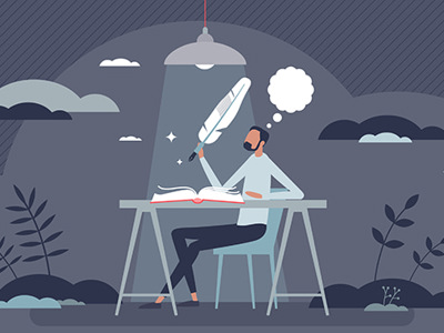 Illustrated person sitting at desk with oversized pen, thought bubble above their head, surrounded by plants and clouds under a hanging lamp - representing the creative process of developing fictional characters.