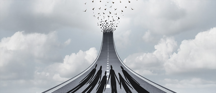Conceptual image of a road rising into the sky with silhouettes of people walking and birds flying upward, symbolizing migration, movement, and global displacement.