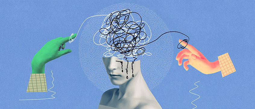 Abstract illustration of two colourful hands untangling lines from a head silhouette against a blue background, symbolizing thought processes, mental clarity and philosophical inquiry.