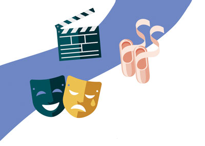 Illustration of ballet shoes, a film slate, and drama masks.