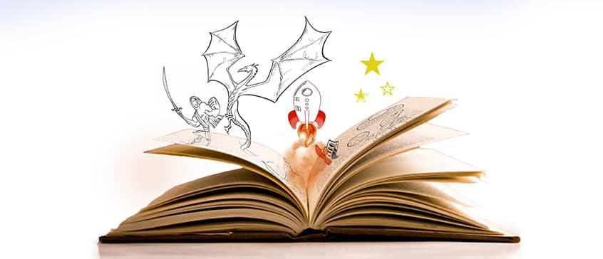 Illustration of book with mythical dragons and adventures coming out of the pages. 