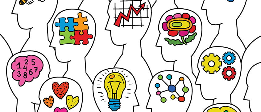 llustrated silhouettes of human heads filled with colorful icons such as puzzle pieces, gears, lightbulbs, and hearts, representing diverse cognitive styles and neurodiversity.