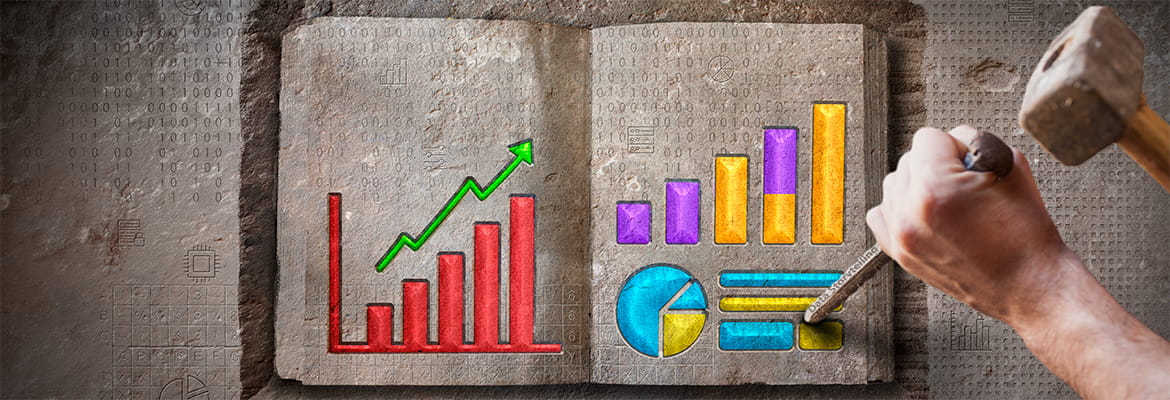 Ancient stone tablets carved with binary code patterns display colorful modern data visualizations including a red bar chart with green upward trending arrow, a blue and yellow pie chart, and purple and orange bar graphs, while a hand holds a chisel tool, symbolizing the timeless art of transforming raw data into meaningful visual narratives.